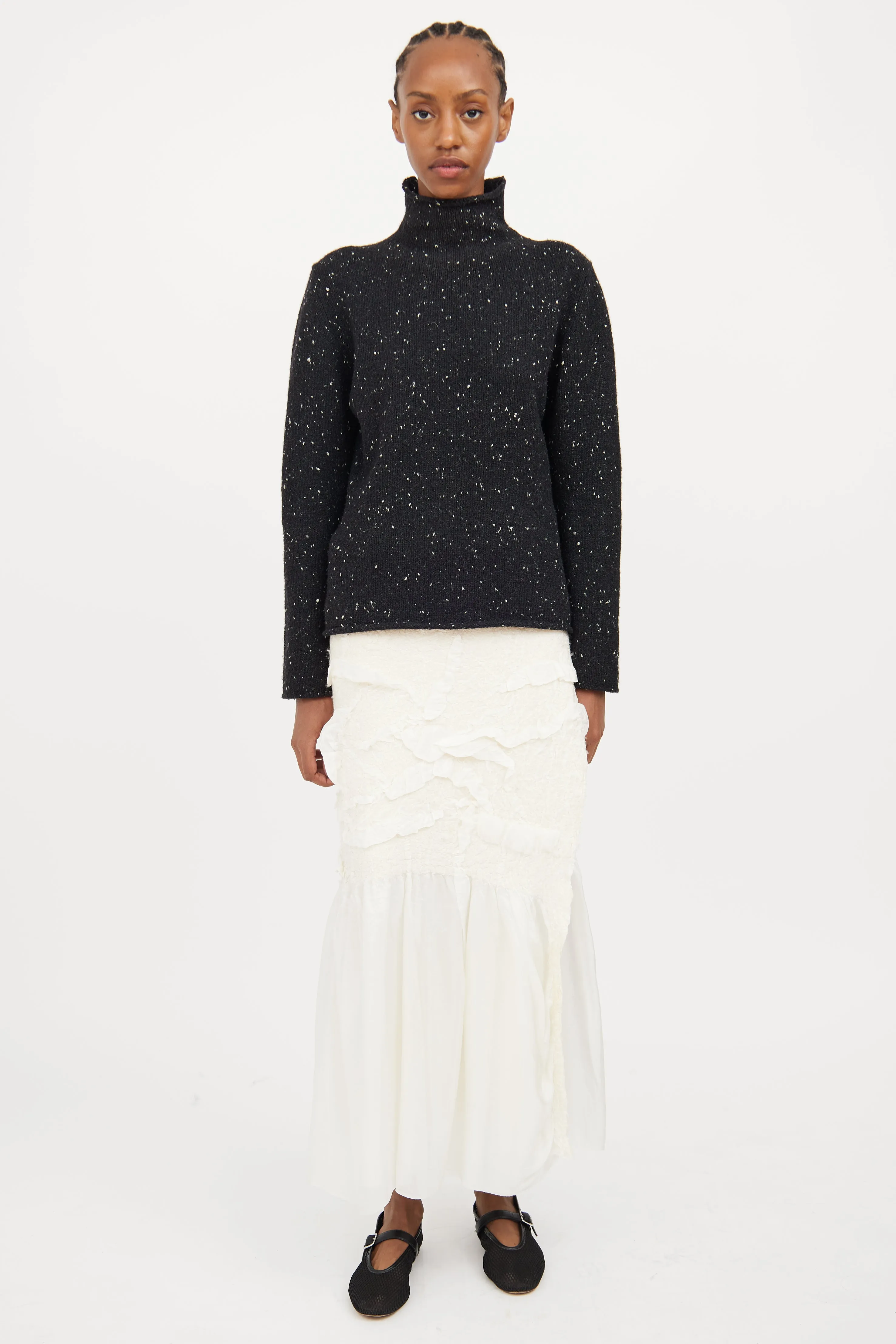 Black Knit Fleck Wool Turtleneck Sweater