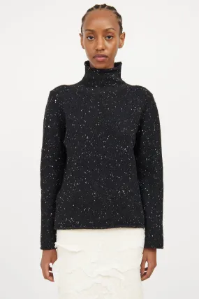 Black Knit Fleck Wool Turtleneck Sweater