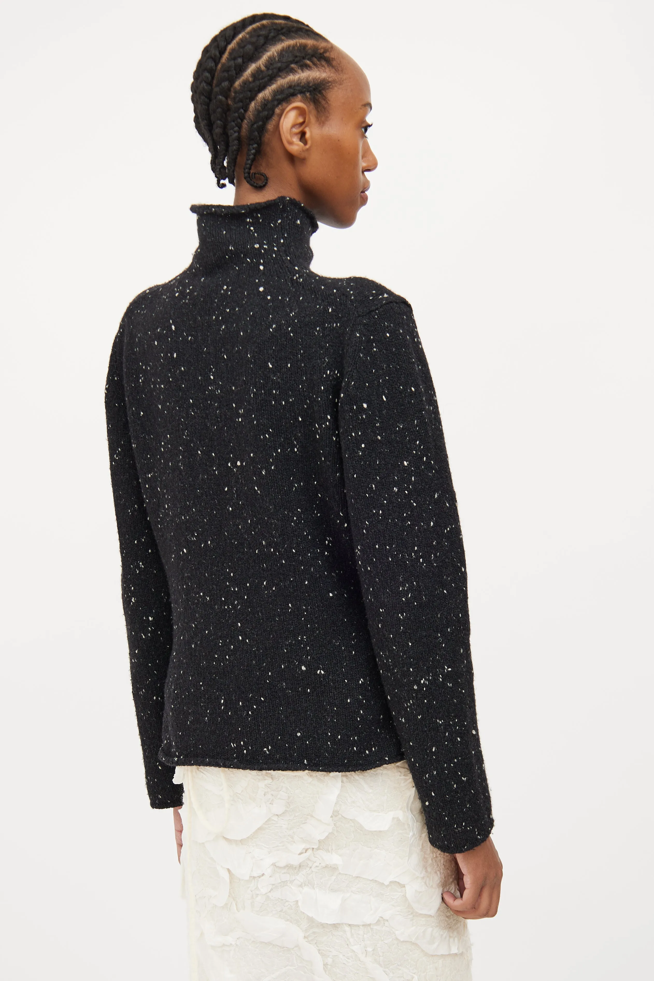 Black Knit Fleck Wool Turtleneck Sweater
