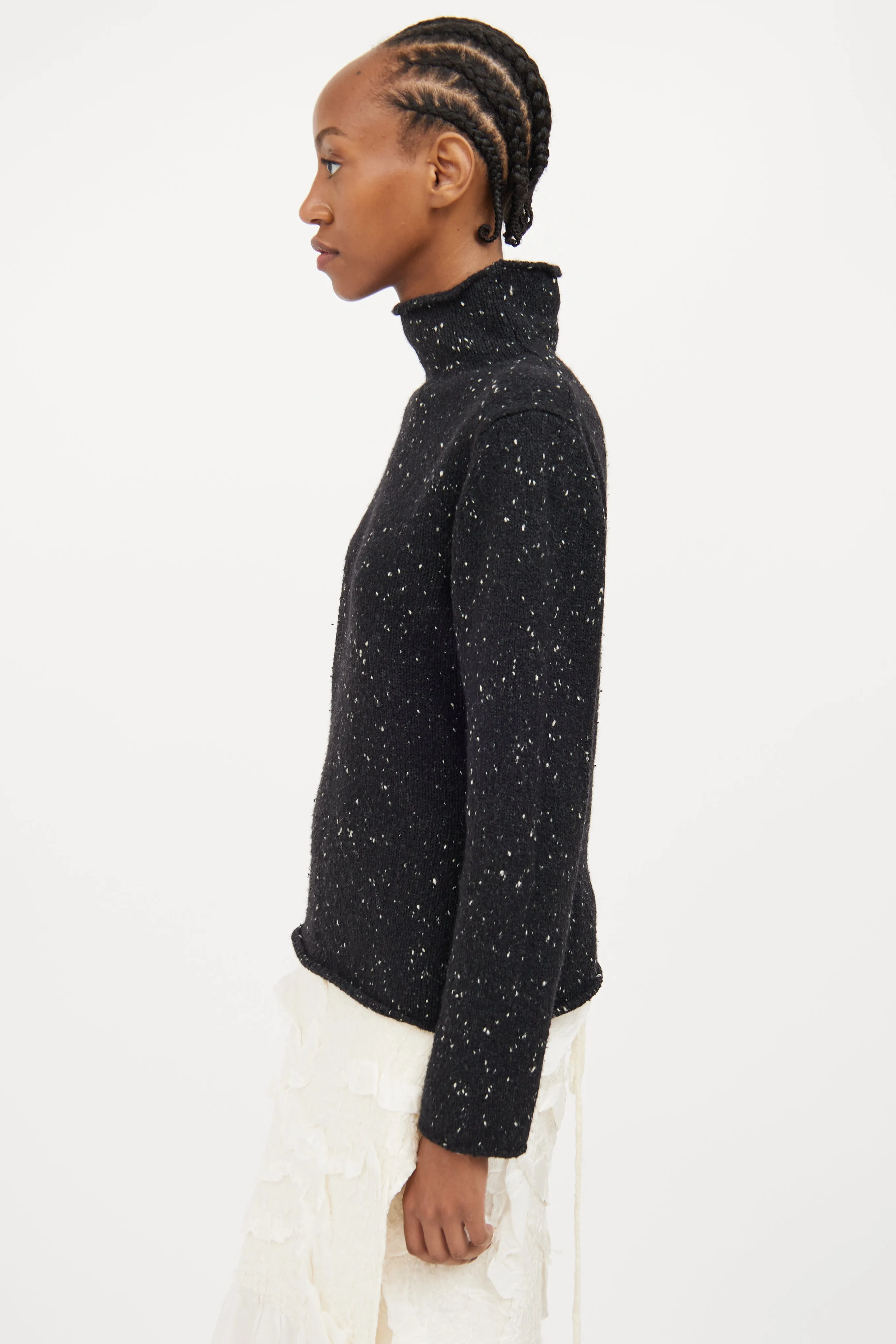 Black Knit Fleck Wool Turtleneck Sweater
