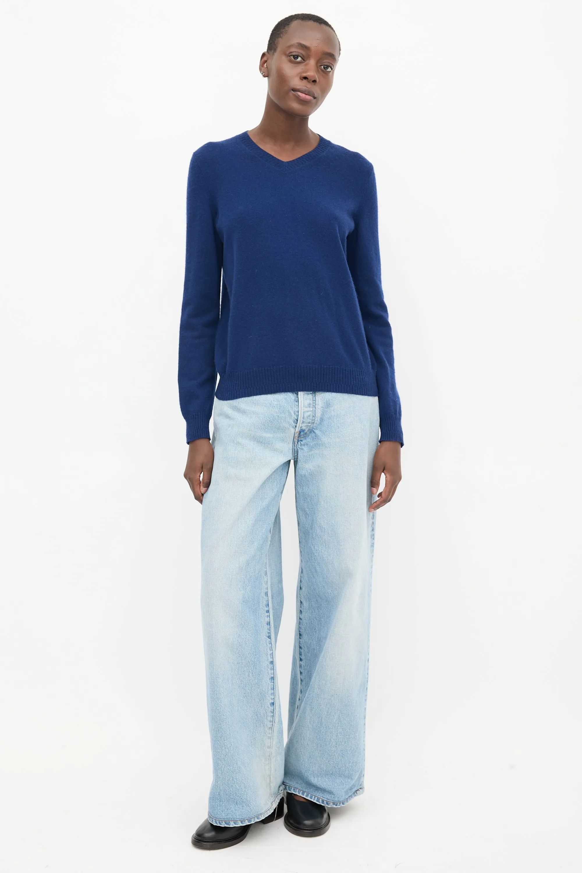 Blue Knit V-Neck Sweater