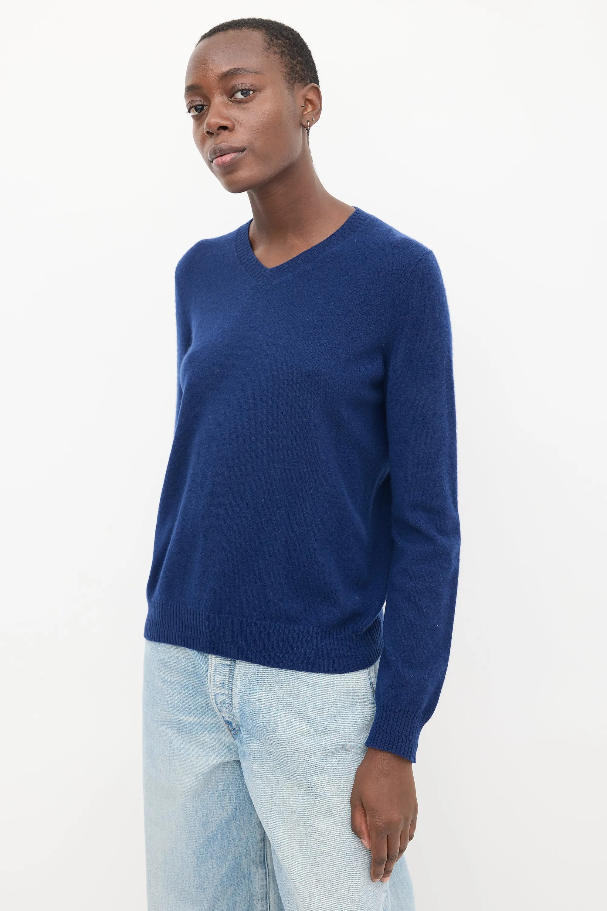 Blue Knit V-Neck Sweater