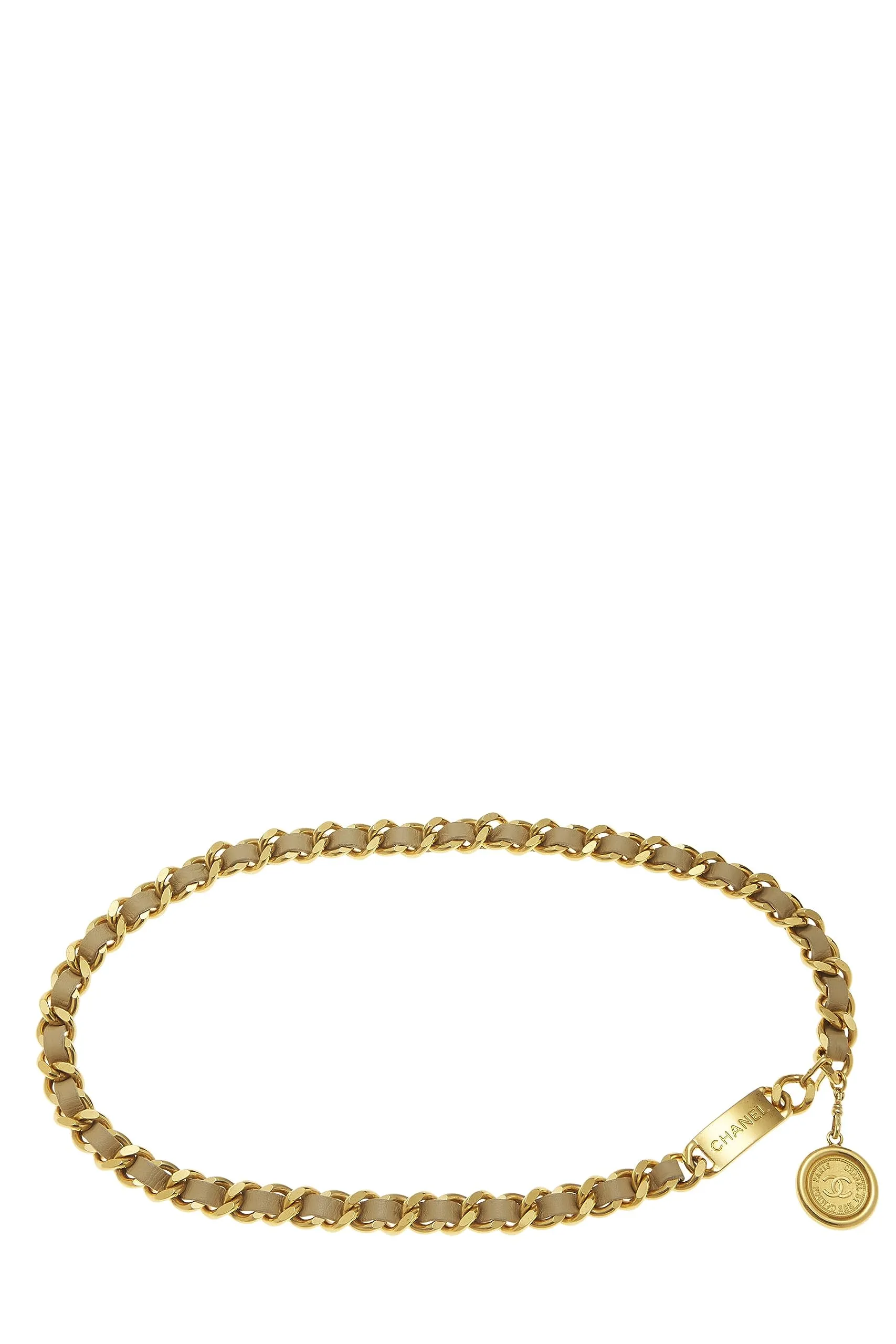 Chanel,  Gold & Beige Leather Chain Belt, Beige