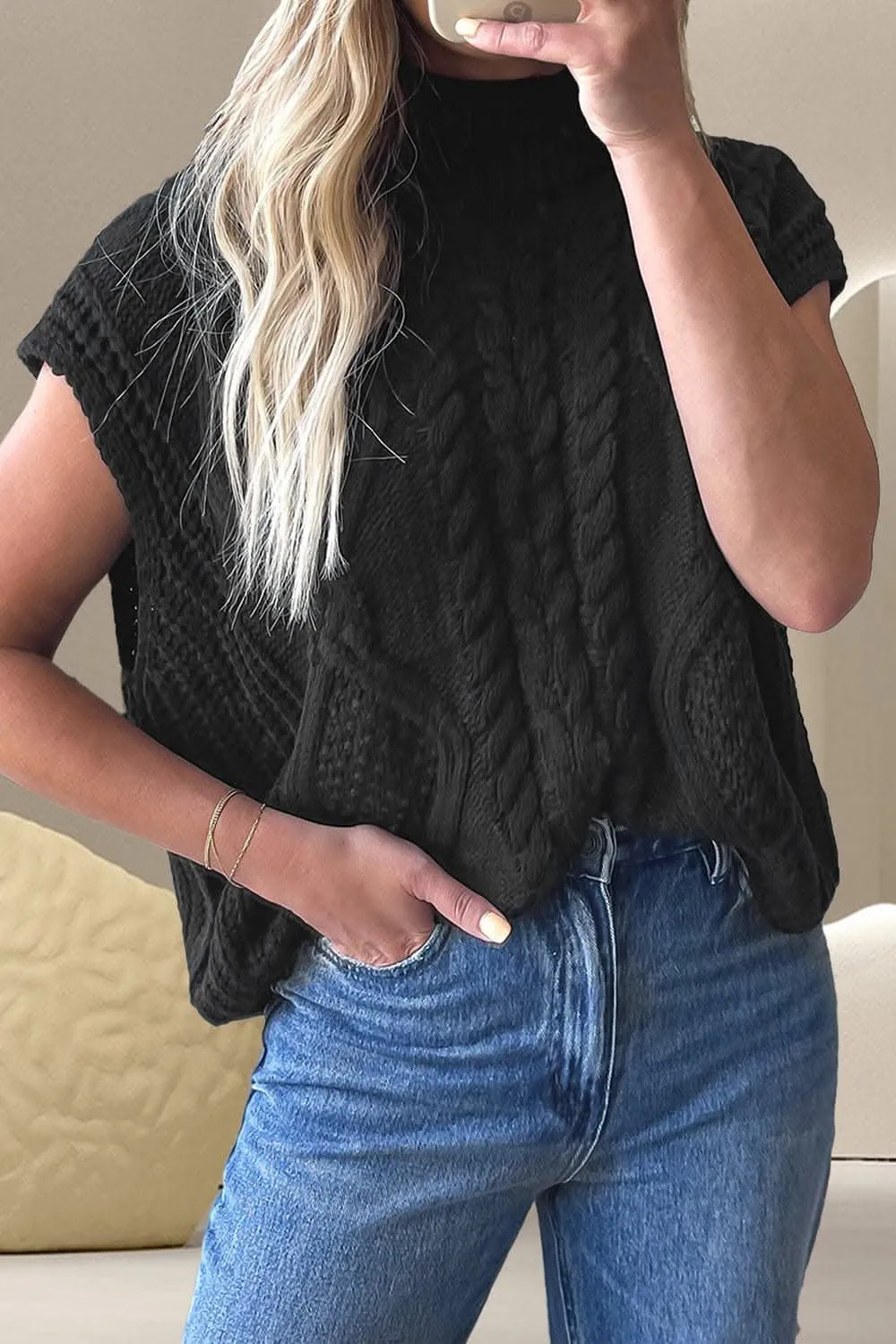 Cozy cable-knit mock neck sweater