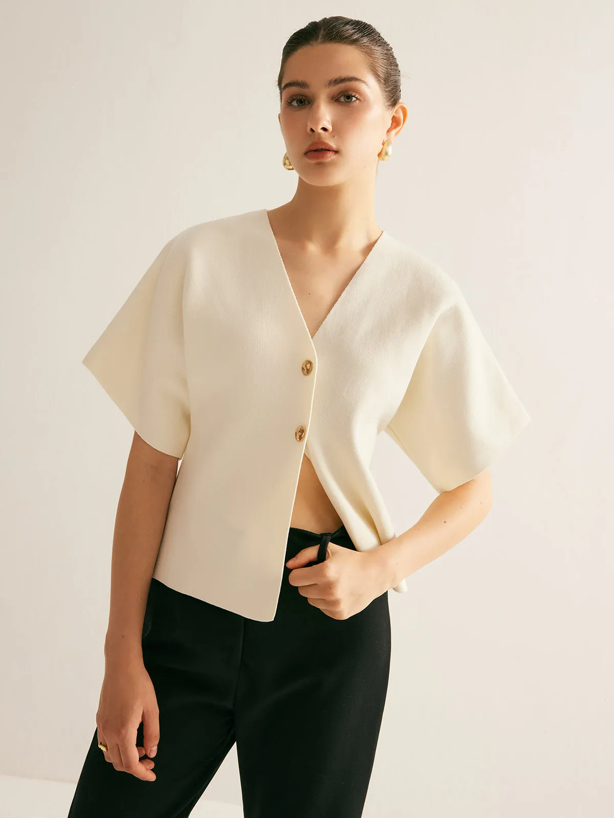 Elegant V-Neck Button Knit Top