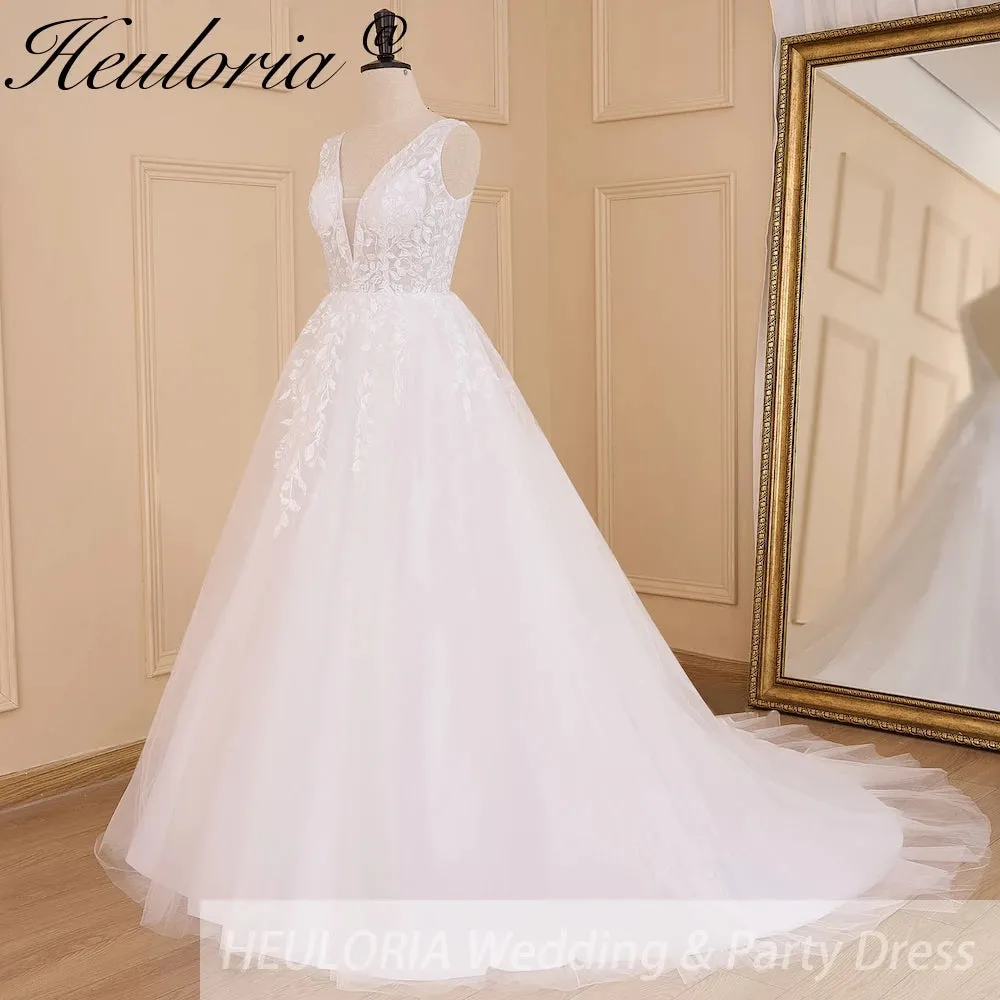 HEULORIA Elegant lace applique Boho Wedding Dress bride dress V neck plus size A line Wedding Bride Gown