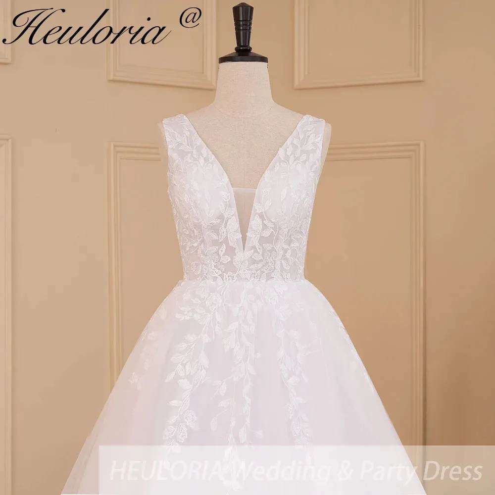 HEULORIA Elegant lace applique Boho Wedding Dress bride dress V neck plus size A line Wedding Bride Gown