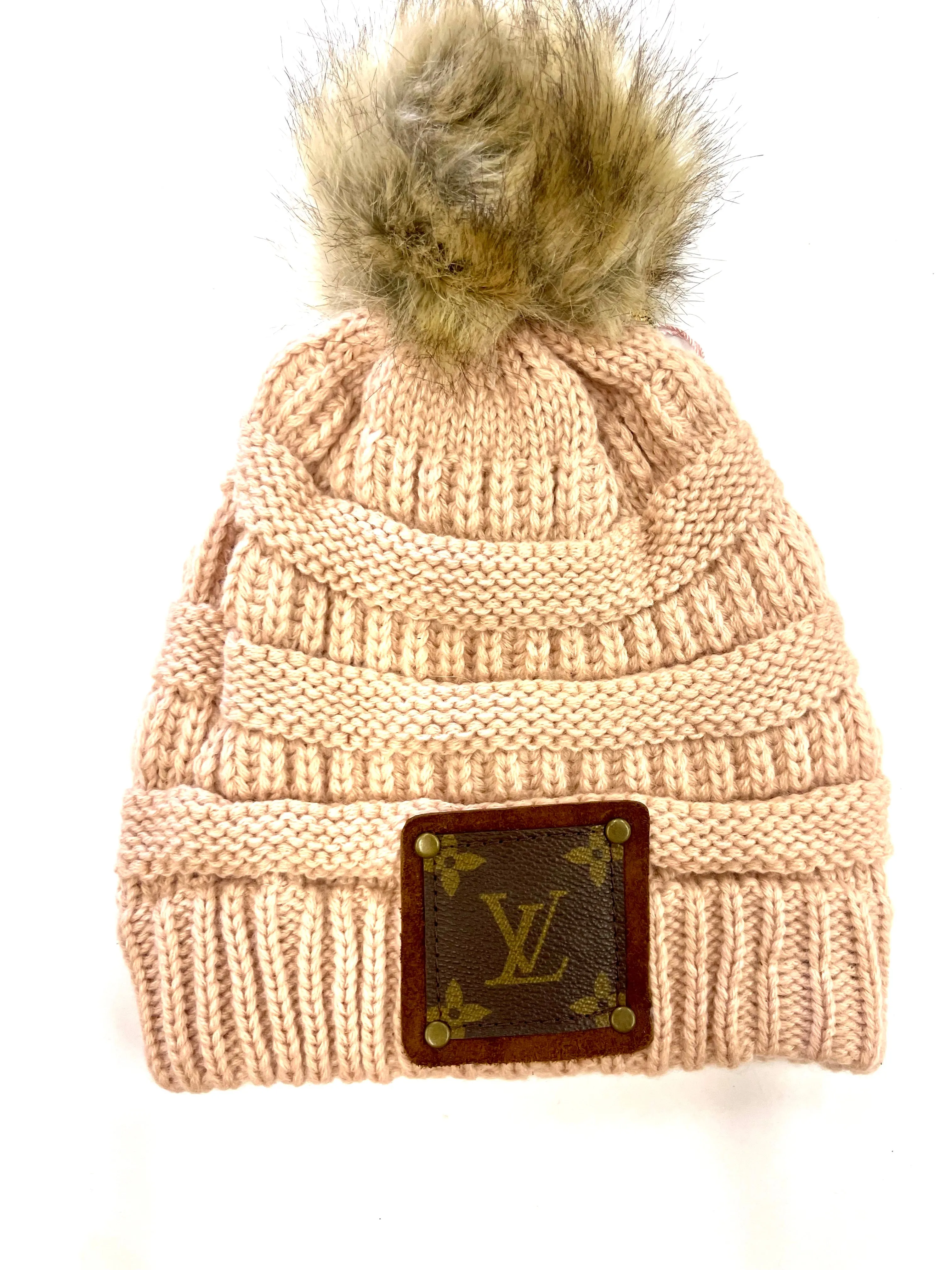 Pale Pink Beanie with brown patch antique hardware