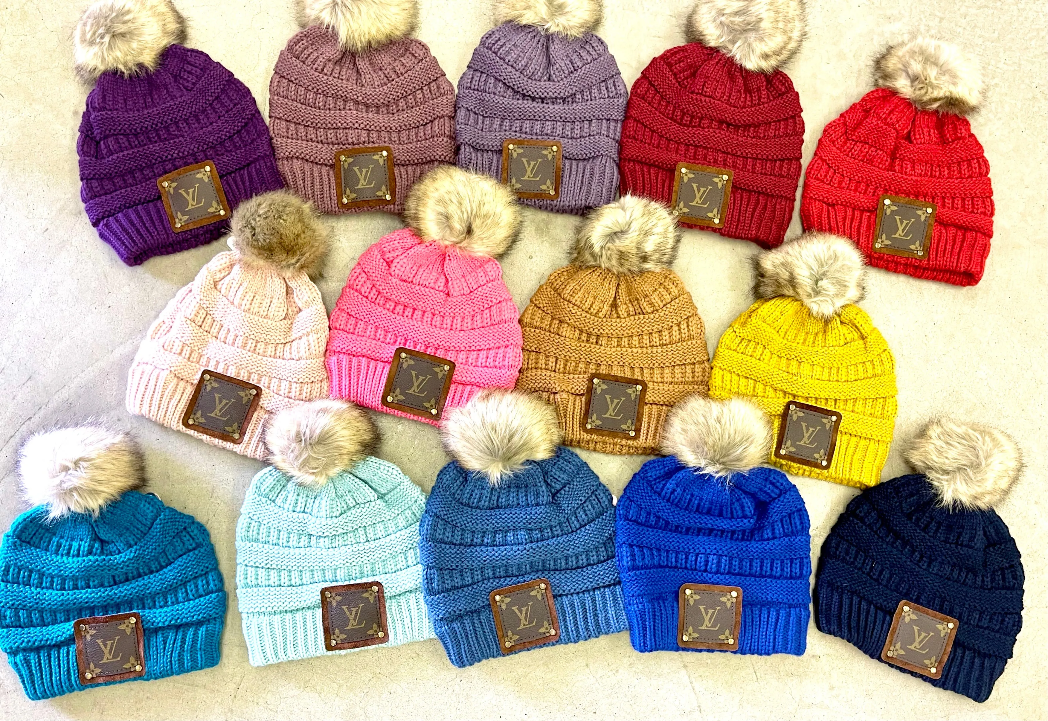 Pale Pink Beanie with brown patch antique hardware