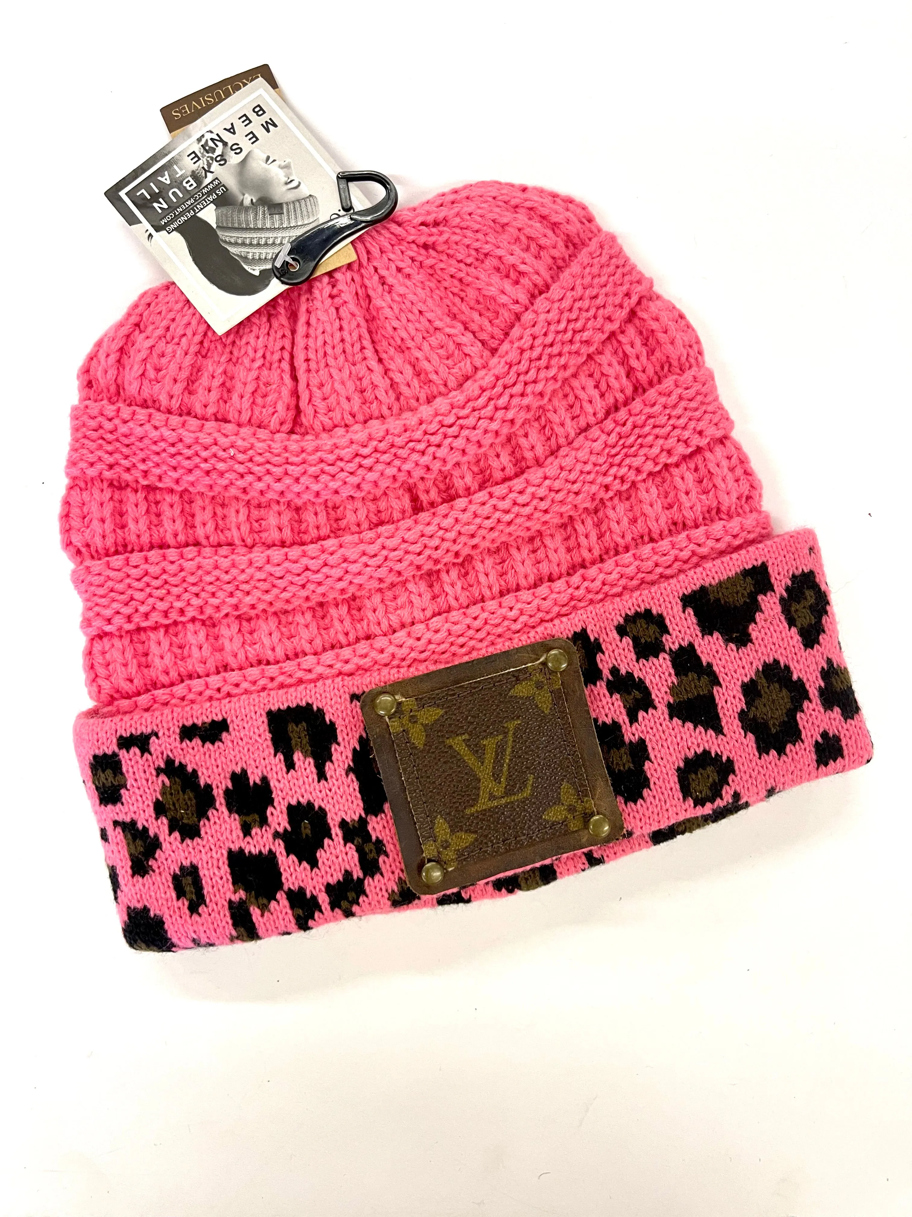 Pink Leopard Beanie (top pony tail hole) with brown patch antique hardware