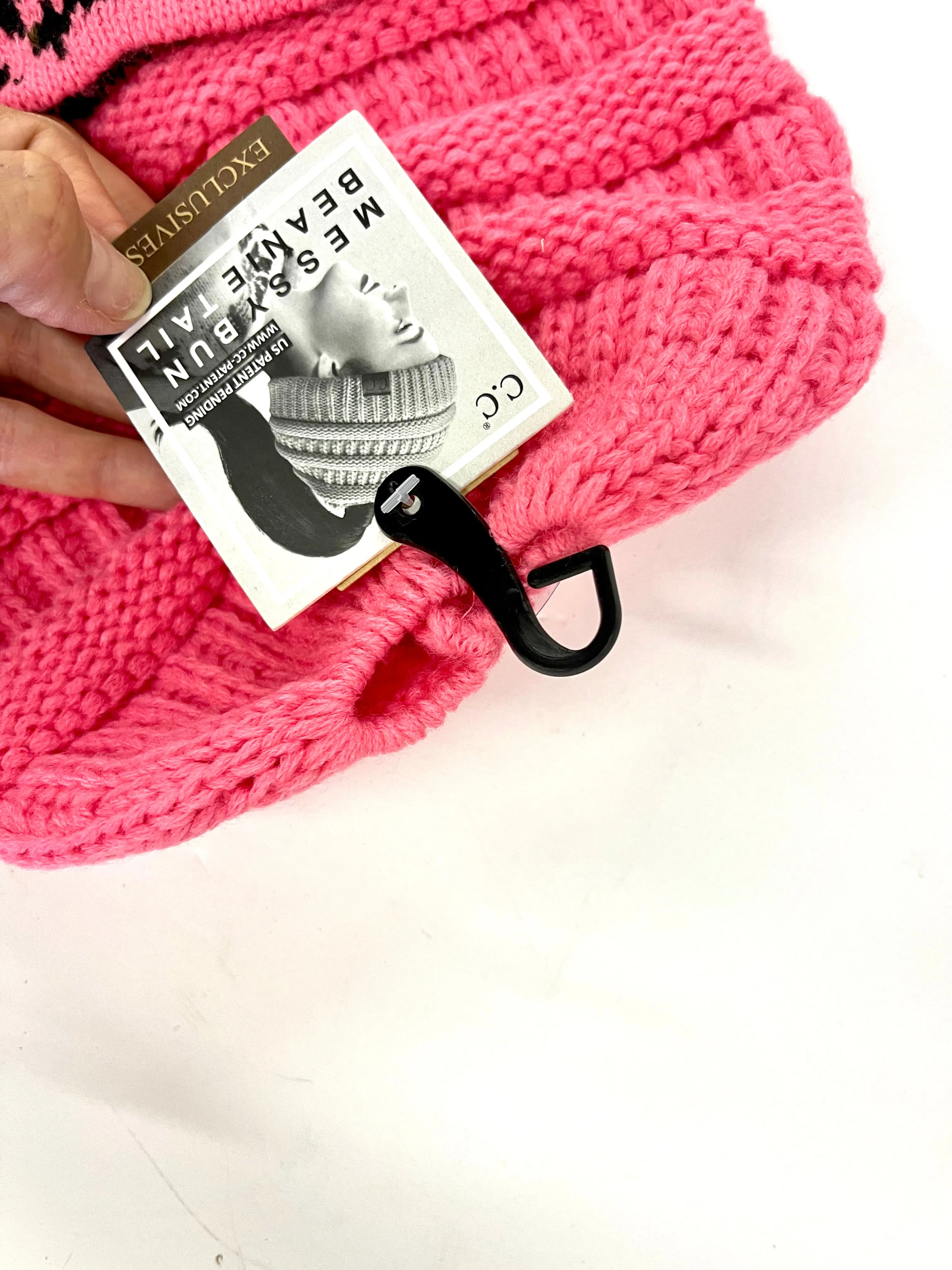 Pink Leopard Beanie (top pony tail hole) with brown patch antique hardware