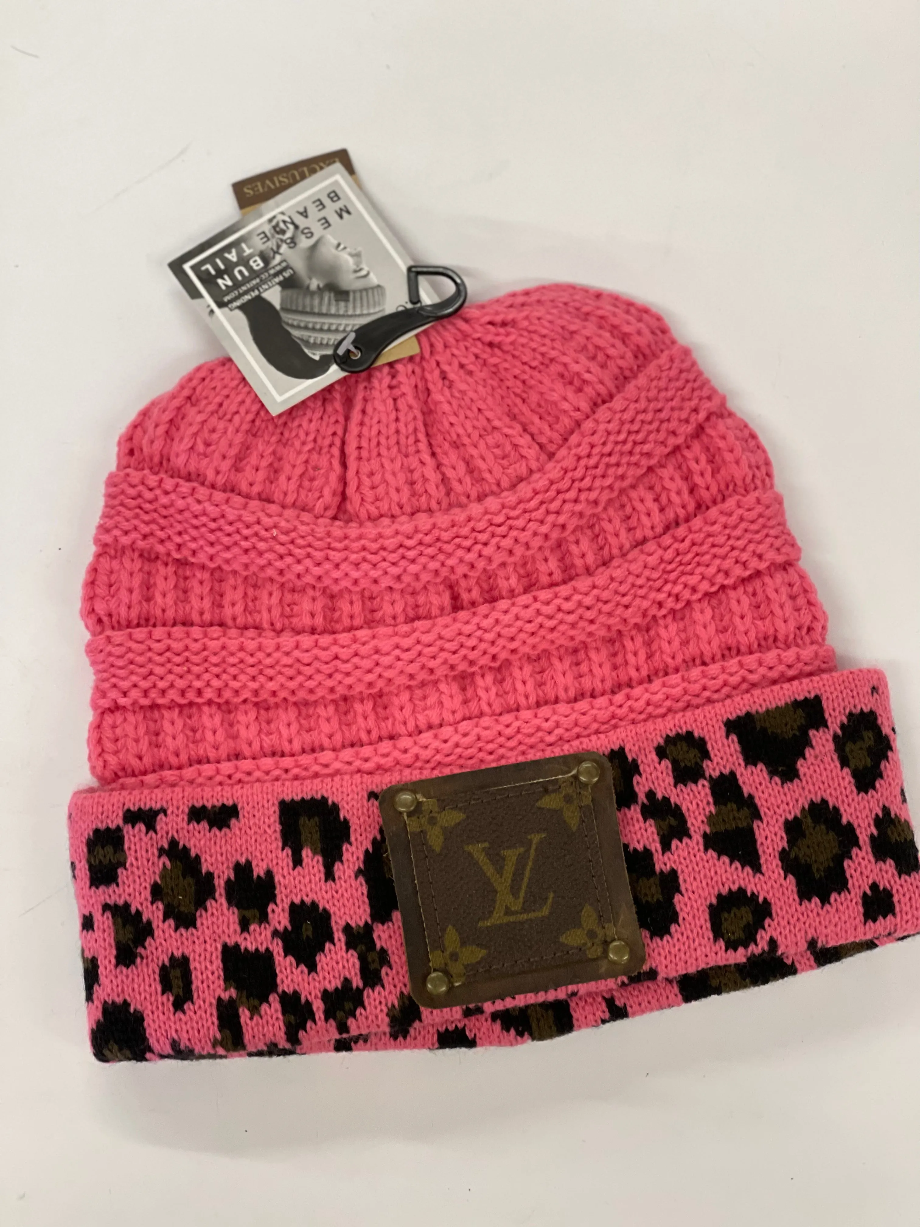Pink Leopard Beanie (top pony tail hole) with brown patch antique hardware