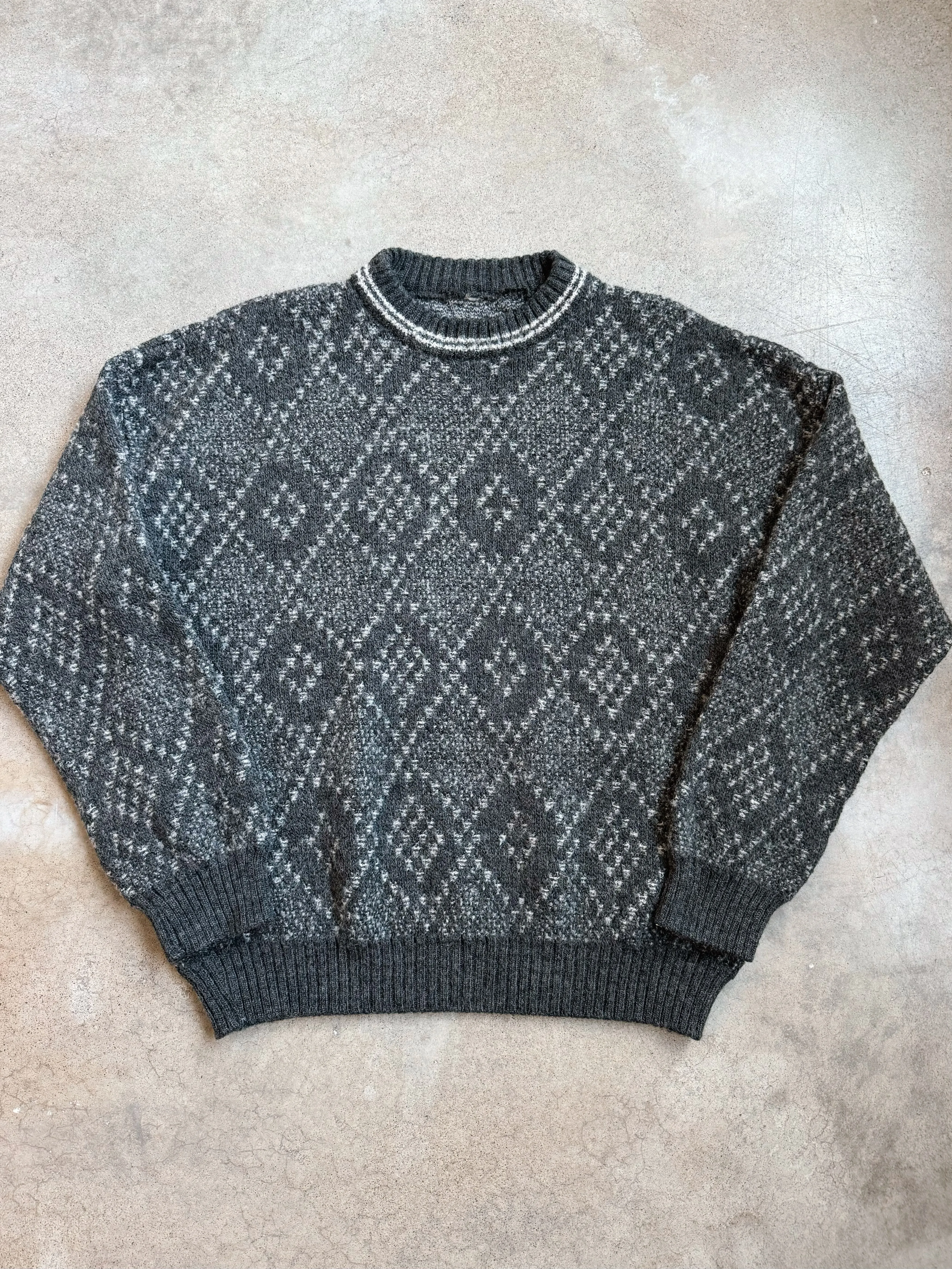 Vintage Grey Diamond Wool Knit Sweater (L/XL)